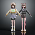 Two Cat Ear Girls In Yellow Crop Top Black Hoodie Shorts Pink Striped Socks Shoes