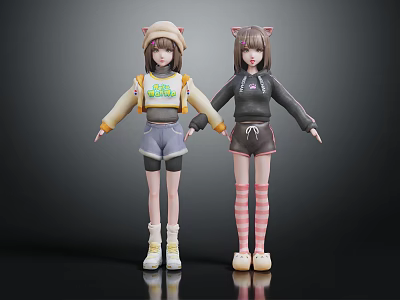 Two Cat Ear Girls In Yellow Crop Top Black Hoodie Shorts Pink Striped Socks Shoes 3d model