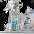 Dreamy Decorative Scene With White Sculptural Arches Pink Blue Base And Bubbles