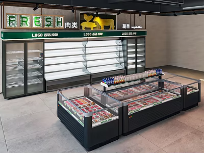 Fresh Meat Display Freezers In Retail Store With Glass Doors And Storage Shelves 3d model