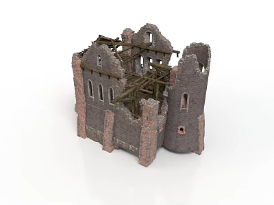 Medieval Castle Ruins 3D Model With Stone Walls And Wooden Beams 3d model