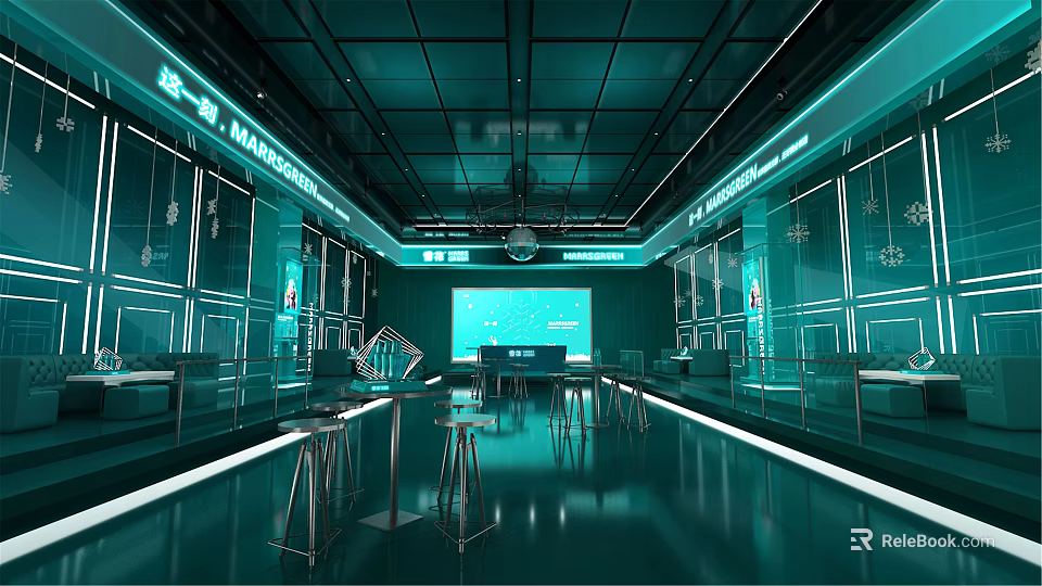 High Tech Futuristic KTV Interior With Blue Lighting Large Screen Bar Counter And Chairs 3d model 