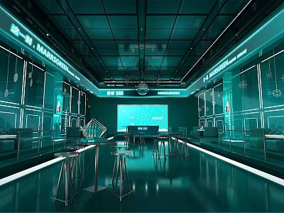 High Tech Futuristic KTV Interior With Blue Lighting Large Screen Bar Counter And Chairs 3d model