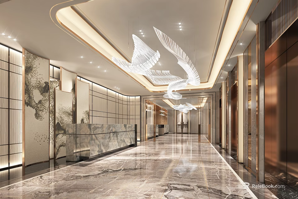 Elegant Modern Hotel Lobby Interior With White Bird Chandelier Marble Floor And Metal Elevator Doors 3d model 