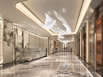 Elegant Modern Hotel Lobby Interior With White Bird Chandelier Marble Floor And Metal Elevator Doors 3d model