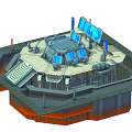 Cartoon Sci Fi Control Room Scene With Central Console Blue Screens Stairs And Technical Equipment