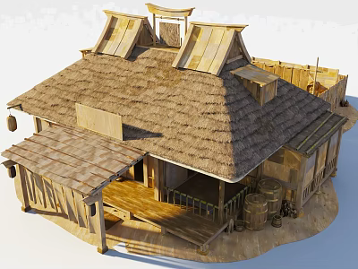 Traditional Wooden Building With Thatch Roof Veranda Wooden Steps And Barrels 3d model