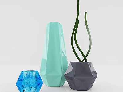 Modern Decorative Ceramic Vessels with Blue Hexagonal Light Green Conical and Dark Gray Polyhedral Shapes 3d model