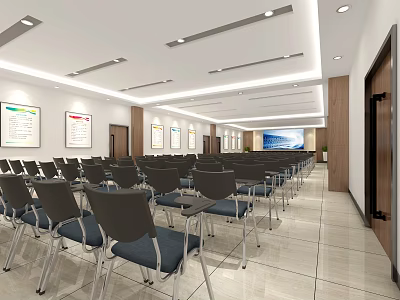 Spacious Modern Conference Room Interior With Comfortable Chairs Tables Projector Screen And Whiteboards 3d model