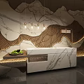 New Chinese Reception Desk Lobby Front Desk Information Desk Hotel Front Desk Stone Reception Desk Chandelier 3d model