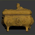 Elegant Display Shelf With Golden Carved Decorative Box Featuring Ornate Patterns And Handle Design