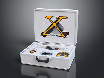 Professional Hardware Tool Set in Open White Case with Yellow X Shaped Tools 3d model