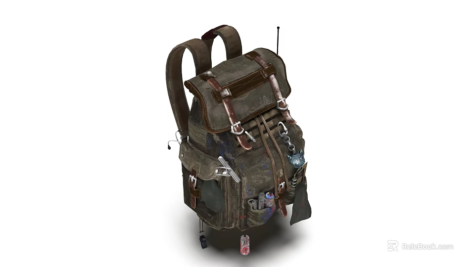 Vintage Military Style Backpack With Multiple Pockets Brown Straps And Metal Buckles 3d model 