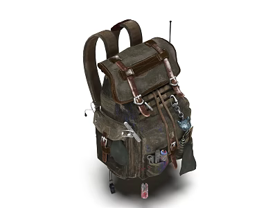 Vintage Military Style Backpack With Multiple Pockets Brown Straps And Metal Buckles 3d model
