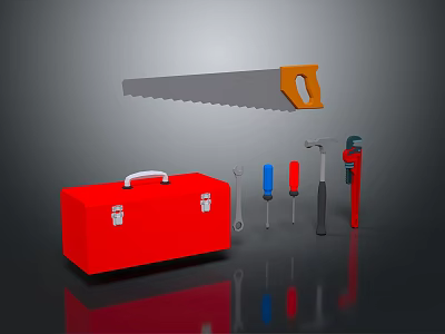 Complete Hardware Tools Set with Red Toolbox Saw Hammer Wrench and Screwdrivers 3d model