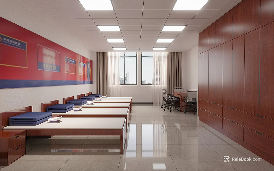 Dormitory Lounge Space With Neat Beds Wooden Cabinets Large Windows And Square Ceiling Lights 3d model 