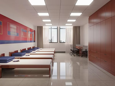 Dormitory Lounge Space With Neat Beds Wooden Cabinets Large Windows And Square Ceiling Lights 3d model
