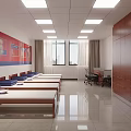 Dormitory Lounge Space With Neat Beds Wooden Cabinets Large Windows And Square Ceiling Lights