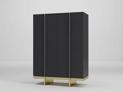 Modern Black Wine Cabinet With Gold Accents And Vertical Wooden Panels 3d model
