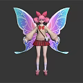Game And Movie Character With Pink Hair Bow Colorful Wings Beige Top Red Pleated Skirt