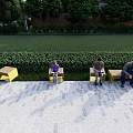 People Sitting On Outdoor Landscape Seats With Yellow Wooden Design Green Hedge And Paved Floor