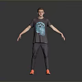 Man Wearing Grey T Shirt With Blue Gear Print Grey Pants Red Shoes Arms Outstretched