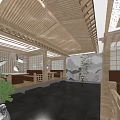 Modern Restaurant Interior With Wooden Ceiling Slatted Partitions Stone Bar And Bottle Shelves
