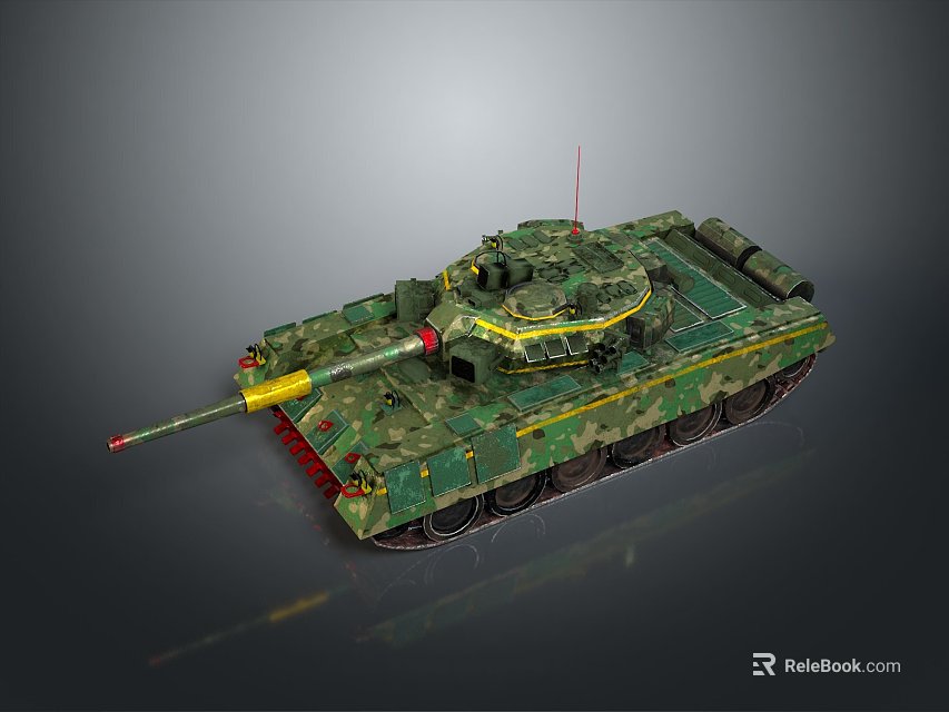 Green Camouflage Military Tank With Turret Gun Barrel Tracks And Antenna 3d model 
