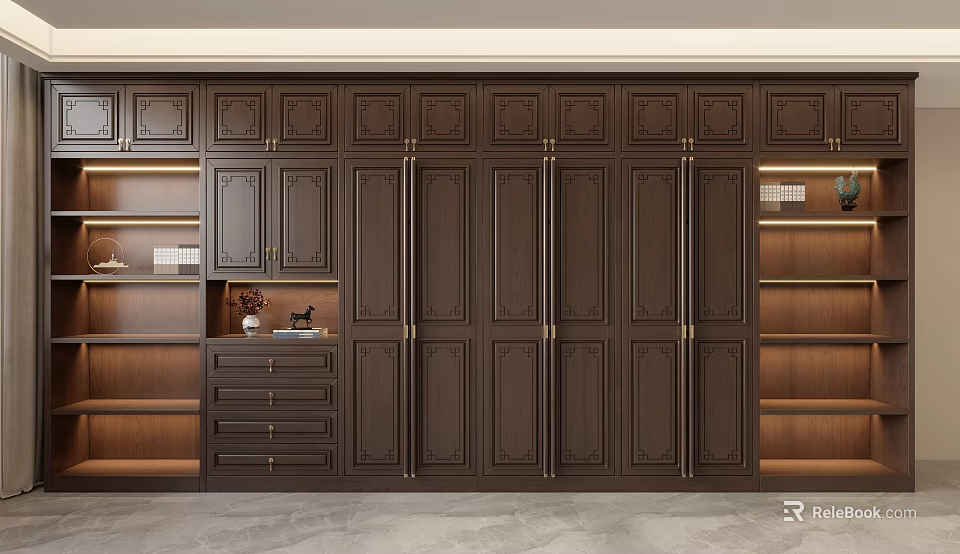 Dark Brown Wooden Wardrobe With Drawers Open Shelves And Brass Handles 3d model 