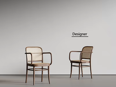 Designer Dining Chairs With Rattan Armrests And Wooden Frame In Minimalist Interior 3d model