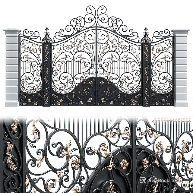 Ornate Wrought Iron Gate With Black Gold Scrollwork And Symmetrical Patterns 3d model 