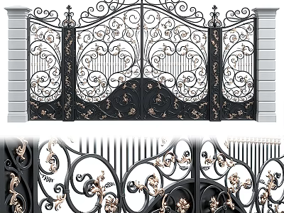 Ornate Wrought Iron Gate With Black Gold Scrollwork And Symmetrical Patterns 3d model