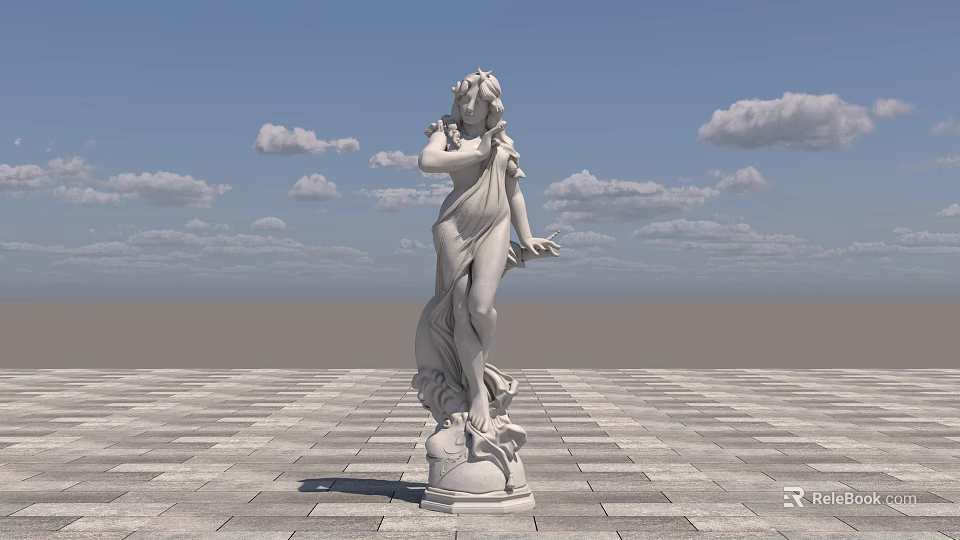 Elegant Marble Landscape Sculpture Of Female Figure On Paved Square With Blue Sky 3d model 