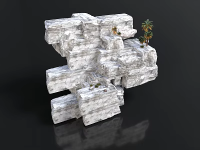 White Layered Rock Structure With Stacked Stones And Small Plants 3d model