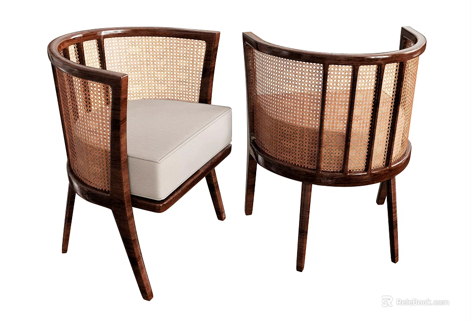 Stylish Rattan Accent Chair with Wooden Frame and Upholstered Seat Modern Design for Home Decor 3d model 