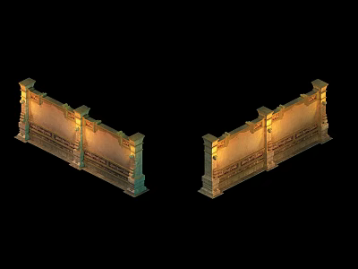 Symmetric Traditional Building Exterior Wall Featuring Decorative Columns And Illuminated Design 3d model