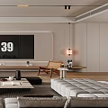 Modern Living Room With Large Screen TV Sofas Coffee Table Plant Floor Lamp And Bookshelf