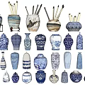 Assorted Blue and White Ceramic Vessels with Traditional Decorative Patterns and Different Shapes