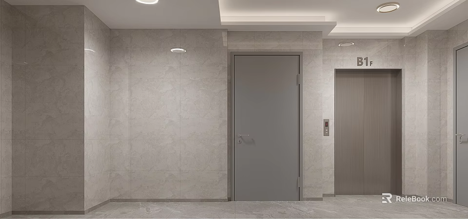 Elevator Hallway With Light Gray Tile Walls Ceiling Lights Elevator Door Side Door B1F Sign 3d model