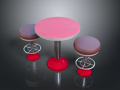 Three Purple Stools With Silver Rings And Red Bases By Pink Round Table 3d model