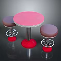 Three Purple Stools With Silver Rings And Red Bases By Pink Round Table