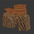 Ancient Chinese Architecture On Cliff Rock With Wooden Structure And Black Tiled Roof