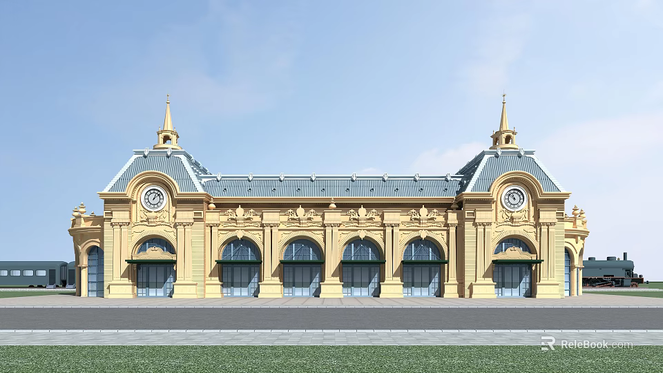 Elegant Classical Yellow Building Exterior With Arched Doors Windows Spires And Clock 3d model 
