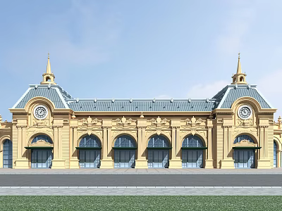 Elegant Classical Yellow Building Exterior With Arched Doors Windows Spires And Clock 3d model