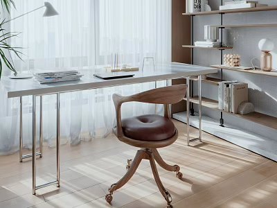 Modern Study Room With Wooden Desk Leather Chair Shelves And Natural Light From Window 3d model