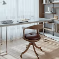 Modern Study Room With Wooden Desk Leather Chair Shelves And Natural Light From Window