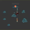 Long Handled Decorative Weapon With Green Flame Design Red Flag Blue Clouds And Red Sun