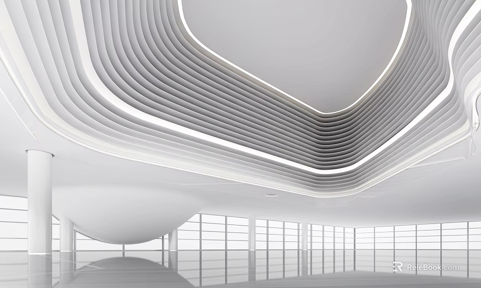 Modern Interior Space With Curved Lines Lighting And Large Windows 3d model