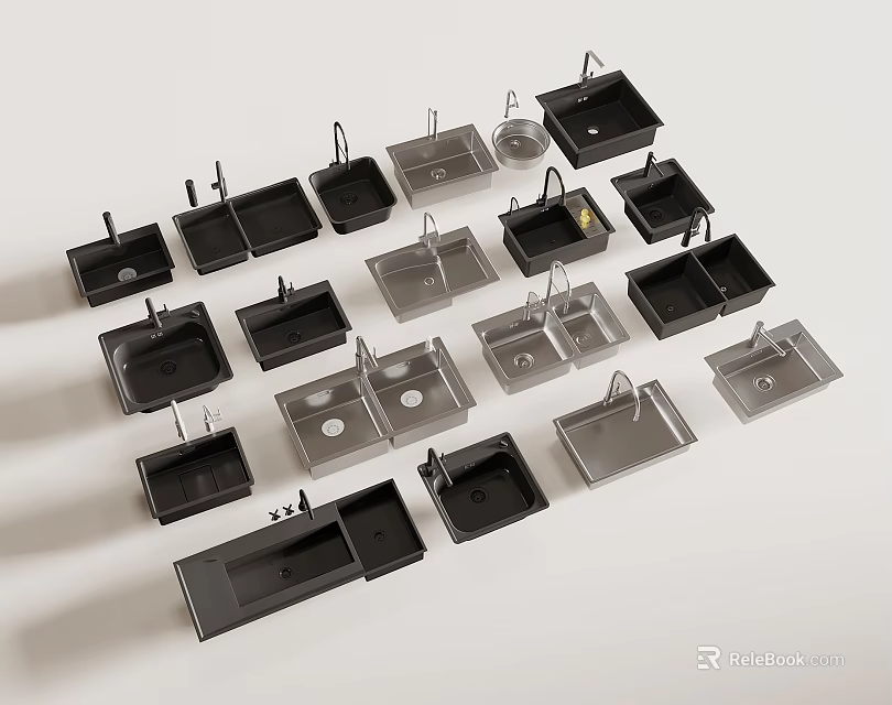 Various Kitchen Sink Designs With Black And Silver Single Double Bowl Styles 3d model 