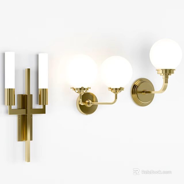 Modern Brass Wall Sconces With Double Globe Shades And Cylindrical Light Designs 3d model